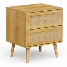 Bedside Table For Bedroom - Scandi Style Natural Rattan 2 Drawer Nightstand With Metal Handle And Tapered Legs - Boho Look Side Table For Living Room, Cane Bedside Cabinet For Bedroom Storage - 1 - View 7