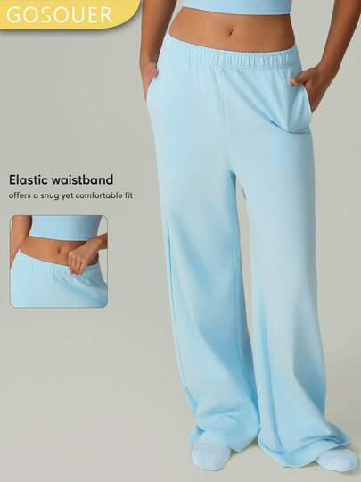 女士夏季高腰抽绳口袋宽松直筒阔腿慢跑裤，适合瑜伽、跑步、运动健身等运动。