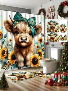 1/4 pièces Ensemble de rideaux de douche à motif floral et vache, cadeau pour la fête des mères, décoration d'intérieur, printemps/été, décoration de vacances, accessoire de salle de bain haut de gamme, durable et imperméable, lavable en machine, 12 crochets inclus, séparateur de baignoire et conception facile à nettoyer pour une expérience de salle de bain rafraîchissante, décoration de salle de bain, décoration de Noël