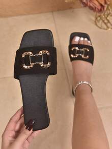 European & American Style Square Toe Women Slippers, Metal Buckle Decor Fashion Sandals