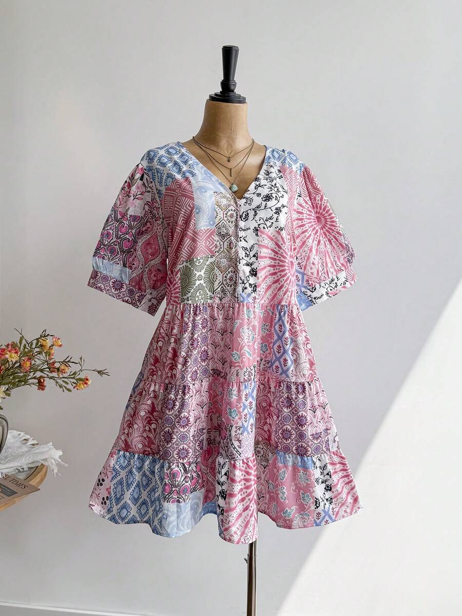 Rusttydustty 大码女式波西米亚风茶会日常度假叠层娃娃棕色V领连衣裙，音乐节派对服装 - 藍色 - 查看 1