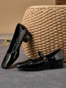 MonaNise 3cm Heel Mary Jane Coffee Color Square Toe Pumps, Suitable For Work, Commute, Dinner Party, Vintage Black, Fashionable Casual Khaki Flats - 黑色 - 查看 4