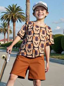 1 Set de camiseta de manga corta y pantalones cortos para niños, con estampado gráfico casual y lindo, cómodo para uso diario en primavera/verano - Multicolor - Ver 1