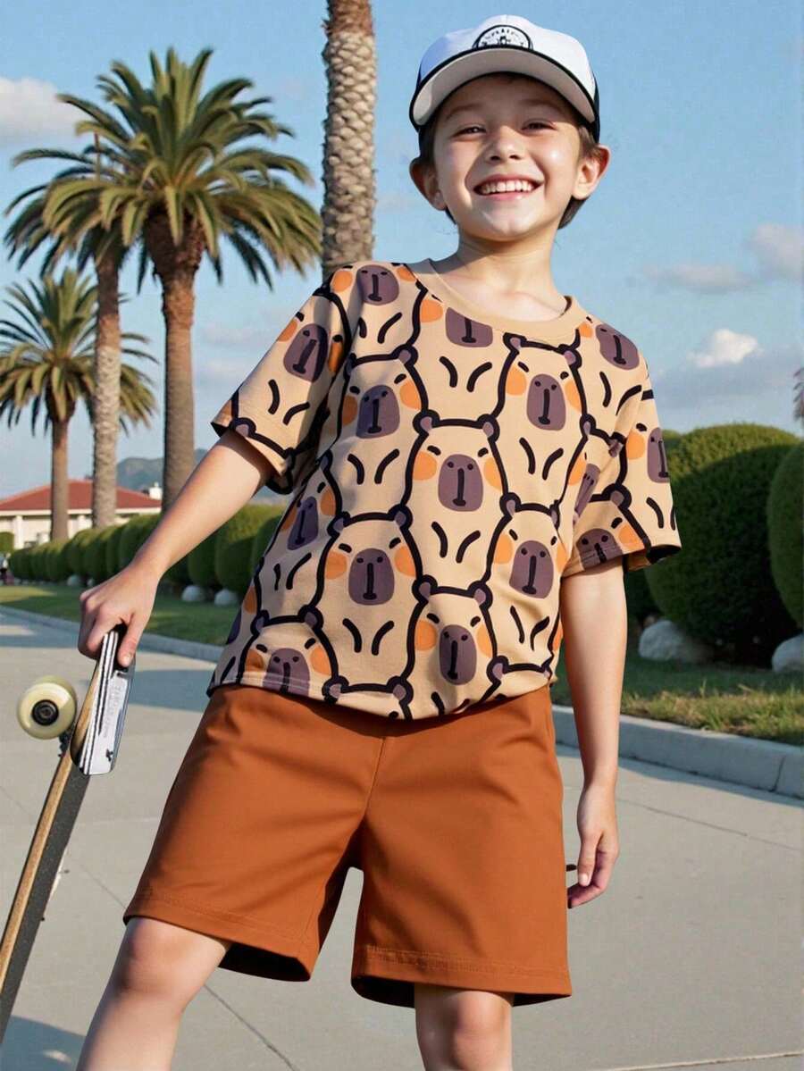 1 Set de camiseta de manga corta y pantalones cortos para niños, con estampado gráfico casual y lindo, cómodo para uso diario en primavera/verano - Multicolor - Ver 1