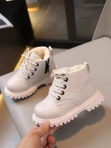 幼儿/儿童靴子，儿童鞋，带侧拉链和系带，毛绒衬里，温暖休闲时尚女童靴