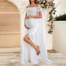 白色高开衩拉链垂褶修身露肩孕妇写真连衣裙 春季 - 白色 - 查看 6