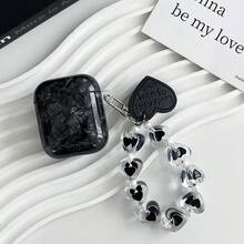 1 pieza Funda de auriculares con textura de concha negra minimalista y resistente a golpes + Funda de auriculares Bluetooth con cordón con forma de corazón compatible con Apple 1st/2nd/3rd/Pro/Pro 2nd Generation, diseño creativo para la nueva 4ta generación