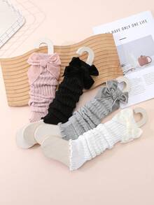 4 Paar Mädchen süße Mode Schleife Dekor gestrickte Stulpen mit Rüschenkante, geeignet für Outdoor-Tragen