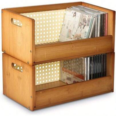 Caja de almacenamiento de CD de bambú de 2 piezas, apilable, para películas, DVD y cintas, con asa.
