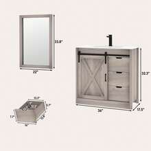 24/36/47 Inch Bathroom Vanity With Sink & Faucet & Mirror, Farmhouse Bathroom Vanity Cabinet Set With Sliding Barn Door & Drawers, Small Single Bath Storage Vanity Sink - 灰色 - 查看 2