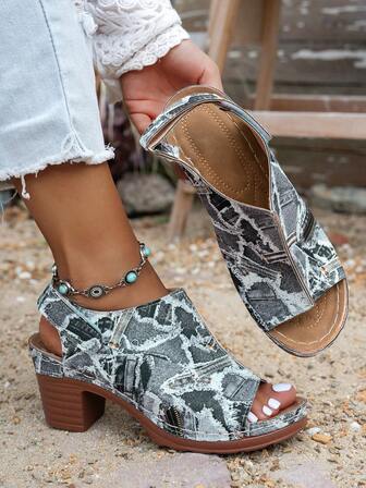 Women's Thick Sole Chunky Heel High Heel Hollow Out Open Toe Sandals, Plus Size 43, Buckle Strap, Round Toe, Soft Bottom, Peep-Toe, Wedge Heel, Strap, Versatile, Fashionable, Elegant, Comfortable, Casual, Suitable For Dresses