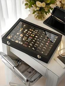 1pc 100-Slot Velvet Sponge Ring Display Box, Jewelry Storage Box, Display Box, Ring Cufflink Jewelry Tray, Necklace Storage Box With Transparent Cover, High Quality 20-Hook Necklace Display Tray With Transparent Glass Cover, Suitable For Women And Girls Jewelry Pendant Storage Box (Black), 20-Hook Necklace Jewelry Box, Jewelry Box Can Hold 100 Rings