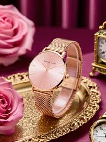 1 件优雅女士石英表，3ATM 防水，玫瑰金不锈钢网状表带，日本石英机芯，36 毫米圆形表壳，永恒时尚女士手表，配有黑色礼品盒，适合送礼 - 女朋友和妈妈 - 粉色 - 查看 3