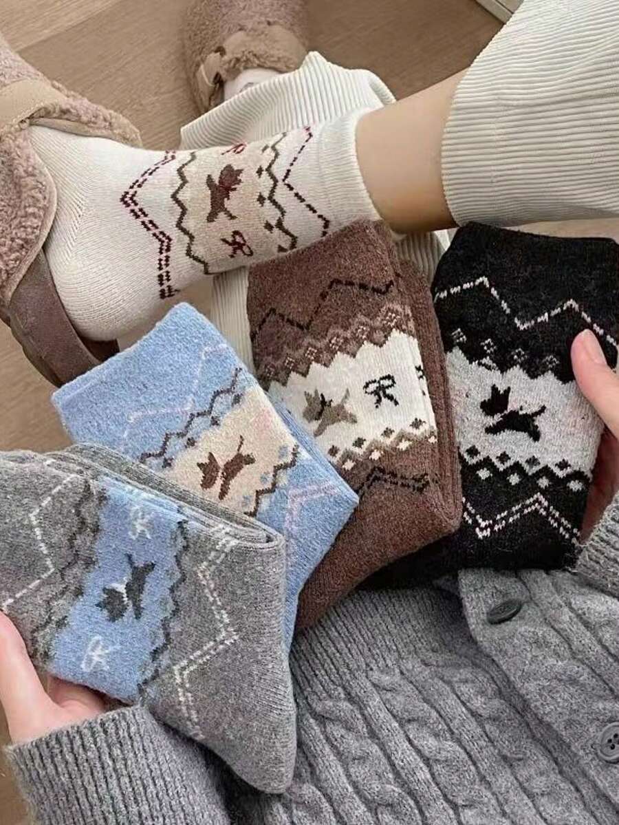Set Of 5 Vintage Fair Isle Dog Print Socks For Women - Cute Cartoon Mid-Calf Socks With Bow Detail - Adorable Japanese Style For Fall And Winter