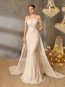 Elisanya Váy dài đuôi cá lấp lánh hở vai Haute Glamour với đuôi váy bằng vải tuyn quá khổ và dây buộc eo - Váy dạ hội Maxi thanh lịch cho các sự kiện trang trọng, lễ kỷ niệm đặc biệt và tiệc sang trọng - Màu be - Xem 1