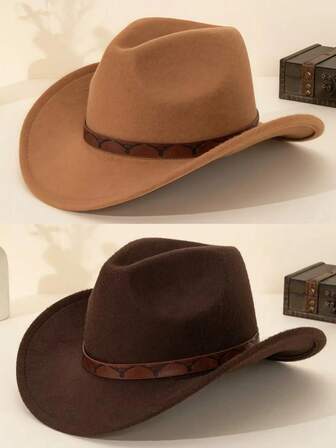 1 pieza Sombrero de vaquera para mujer, sombrero de vaquera de fieltro suave de ala ancha y borde rizado con cinturón y decoración con estampado de cabeza de toro, sombrero de vaquero versátil para exteriores, senderismo, equitación, fiestas, actuaciones, unisex