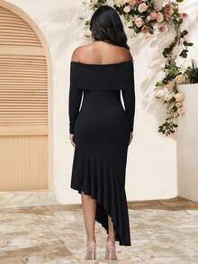 JustVH Maternity Bohemia Off-Shoulder Long Sleeves Dress Asymmetric Ruffle Hem Bodycon Maxi Dress For Baby Shower Photoshoot Party - Black - View 2