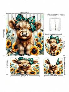 1/4 pièces Ensemble de rideaux de douche à motif floral et vache, cadeau pour la fête des mères, décoration d'intérieur, printemps/été, décoration de vacances, accessoire de salle de bain haut de gamme, durable et imperméable, lavable en machine, 12 crochets inclus, séparateur de baignoire et conception facile à nettoyer pour une expérience de salle de bain rafraîchissante, décoration de salle de bain, décoration de Noël