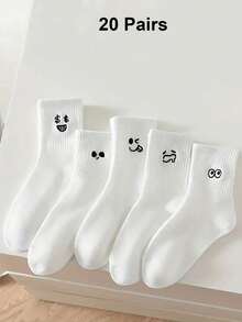 5pairs/Set Men's & Women's White Funny Face Mid-Calf Socks Ins Couple Socks For Casual, Student, Autumn & Winter, Fall