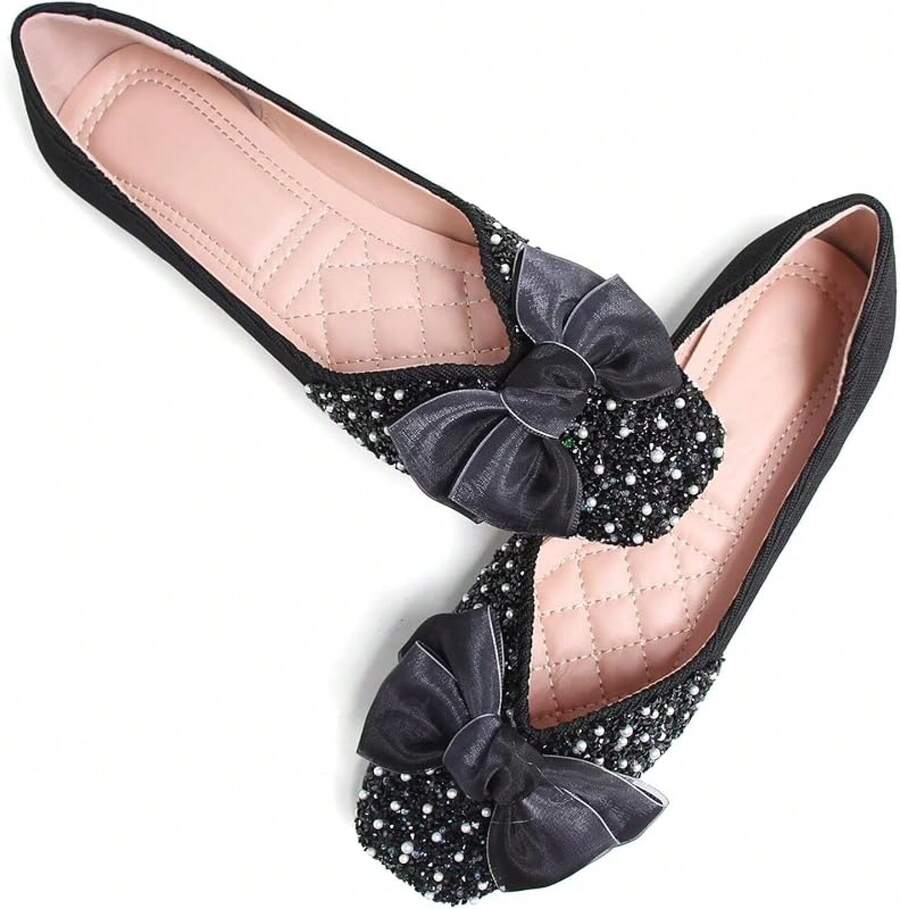 SAILING LU Square Toe Flats Shoes Rhinestoned Bowknots Ballet Flats For Women Studded Dress Shoes Comfort Light Weight LoafersChristmas - C-黑色 - 查看 1