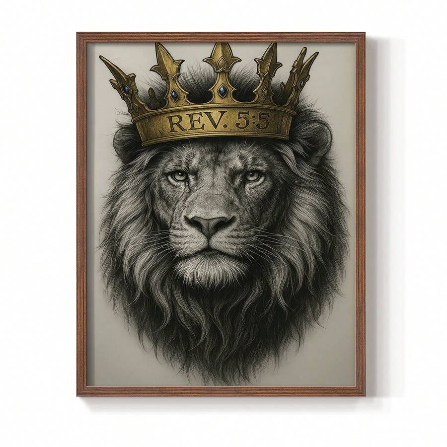 1pc Restickable Framed Lion Of Judah Art Print, Wood Frame, Biblical Inspired Regal Animal Wall Decor With Gold Crown & Scripture Accent, Spiritual Artwork For Living Room, Office, Or Prayer Room, Made In USA, Ready To Hang Art Prints - 棕色 - 查看 1