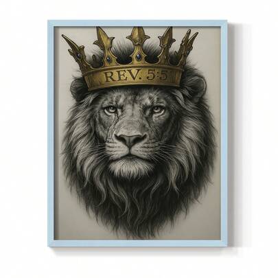 1pc Restickable Framed Lion Of Judah Art Print, Wood Frame, Biblical Inspired Regal Animal Wall Decor With Gold Crown & Scripture Accent, Spiritual Artwork For Living Room, Office, Or Prayer Room, Made In USA, Ready To Hang Art Prints