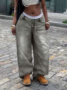 Jeans de talla grande para mujer de cintura media, jeans de mezclilla lavados, vintage desgastados sin estiramiento, casuales para primavera - Gris Claro - Ver 4