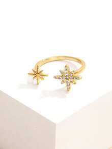 1pc 14K Gold Plated Fashionable Copper Zirconia Star Open Ring For Women's Daily Wear