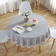 Round Tablecloth Stripe Tassel Table Cloth Cotton Blend Dust-Proof Table Cover For Dining Circle Coffee Side End Card Tables, Parties Holiday Indoor Outdoor Use (Blue/White Stripes, 60 Inch) - Blue60Round - View 4