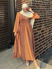 DAZY Rochie de toamnă de lungime medie în stil boho pentru femei, rochie cu mânecă lungă, rochie maxi modestă la modă, ținute de vacanță pentru femei - Maro - Vizualizare 1