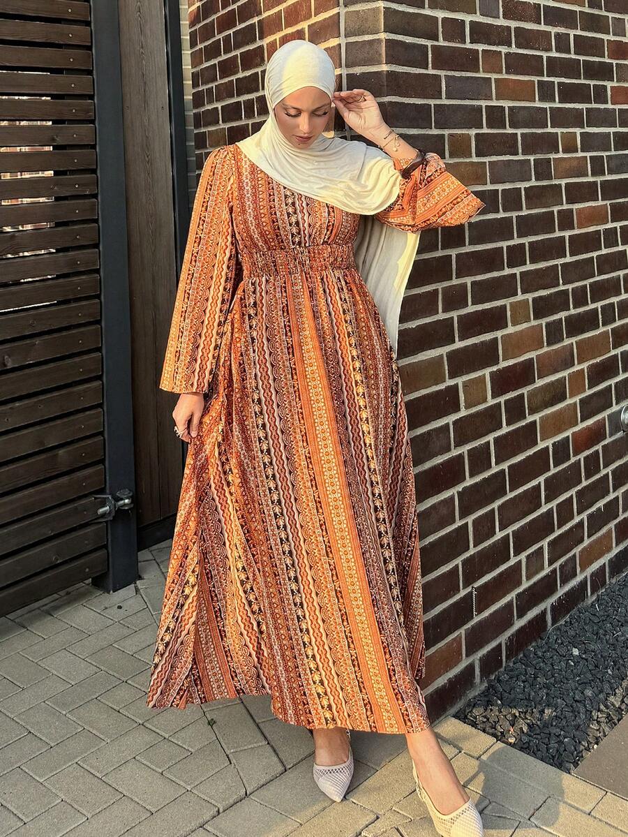 DAZY Rochie de toamnă de lungime medie în stil boho pentru femei, rochie cu mânecă lungă, rochie maxi modestă la modă, ținute de vacanță pentru femei - Maro - Vizualizare 1