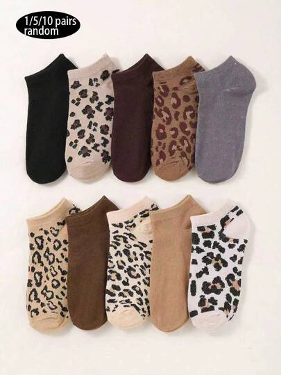1/5/10 Pairs Random Leopard Print Socks, Women Mid-Calf Socks, Fashionable Animal Pattern Crew Socks, And Versatile Long Socks For Women, Spring/Autumn
