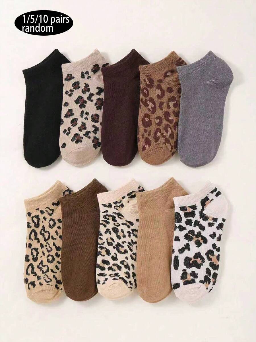 1/5/10 Pairs Random Leopard Print Socks, Women Mid-Calf Socks, Fashionable Animal Pattern Crew Socks, And Versatile Long Socks For Women, Spring/Autumn - Multicolor - View 1