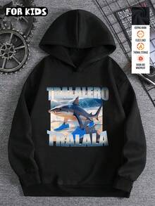 Tween男孩 Tralalero Tralala 四足鯊魚AI圖案運動鞋，休閒百搭寬鬆運動街頭風，棉墊舒適長袖上衣運動衫 - 黑色2 - 查看 1