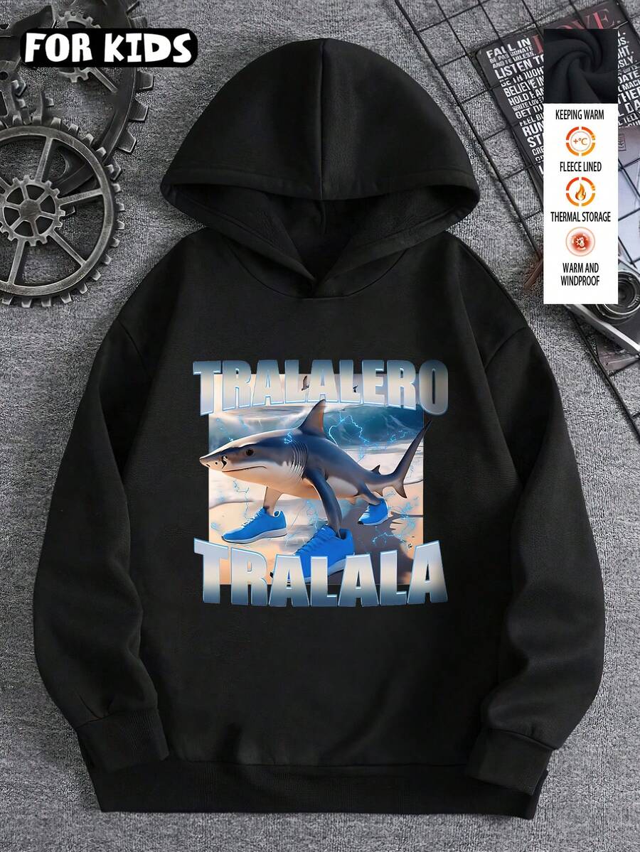 Tween男孩 Tralalero Tralala 四足鯊魚AI圖案運動鞋,休閒百搭寬鬆運動街頭風,棉墊舒適長袖上衣運動衫 - 黑色2 - 查看 1