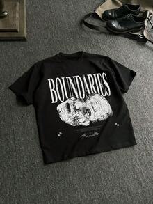 男士新款嘻哈水洗花卉字体印花T恤 - 黑色 - 查看 1