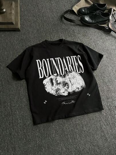 男士新款嘻哈水洗花卉字体印花T恤