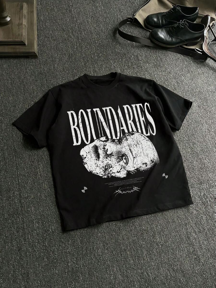 男士新款嘻哈水洗花卉字体印花T恤 - 黑色 - 查看 1