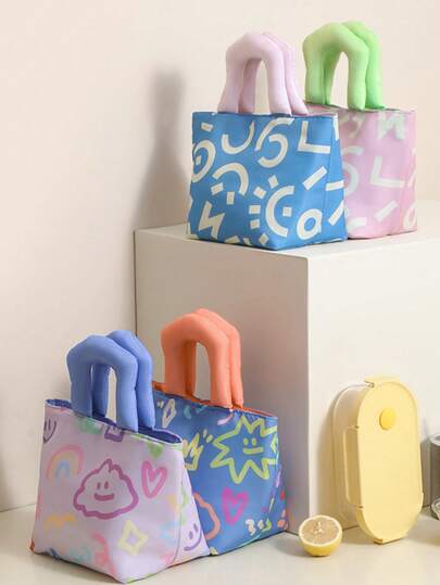 1 件加厚保温午餐袋，涂鸦手绘手提包，适合学生和上班族，午餐盒，适合旅行，女士便携式防水袋午餐盒