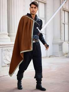 Men's Medieval Renaissance LARP Warrior Cape Shawl Half Shoulder Design Samurai Inspired Cloak Ideal For Ren Faire & Halloween Costumes - Cà phê nâu - Xem 2