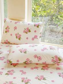 3件套（1件床裙，2件枕套）白色纯色床裙，粉色玫瑰，鲜花，花卉印花图案，荷叶边床裙，全覆盖防尘罩，裙边床裙套三件套褶皱床裙，含2个枕套床上用品套装 - 粉紅櫻晨露 - 查看 3