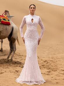Faeriesty Robe de soirée de luxe sirène pailletée avec perles et encolure montante, découpe au niveau du décolleté - Élégance de luxe pour les galas, mariages, bals de promo et réceptions Top de gamme pour femmes - Rose pâle - Voir 4