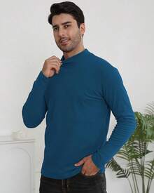 Camisetas de cuello alto térmicas para hombres, suéter básico de manga larga, ajuste delgado - Azul Marino - Ver 3