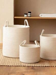 Cotton Rope Woven Laundry Basket, Nordic Style Toy Storage Bucket With Handle, Desktop Organizer Basket, Home Supplies Storage Basket, Bathroom Accessories Basket (Please Note The Size)