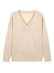 Plus Size Women Solid Color V-Neck Drop Shoulder Long Sleeve Casual Loose Knit Sweater, Autumn/Winter