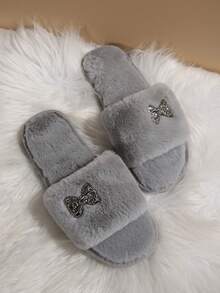 1 Pair Casual Plush Slippers For Teenage Girls, Bow Decor, Warm Thermal Lined, Non-Slip Flat Sole, Suitable For Autumn/Winter