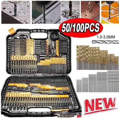 50/100pcs Titanium Coated High Speed Steel Drill Bit Set, 135° Tip Suitable For DIY Crafts, Woodworking, Carving And Jewelry Making - Size 1/25" To 1/8", Cylindrical Metal, Twist Drill Bits For Metal, Wood, Plastic, Fit For Home Improvement, Simple Tools, Convenient And Practical