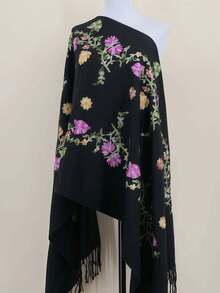 1pc Floral Embroidered Faux Cashmere Scarf, Thick & Warm Bohemian Style Tasseled Shawl For Women - Multicolor - View 2