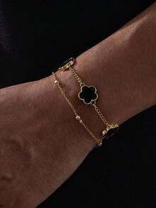 1 件简约时尚幸运四叶草吊坠男士手链，日常佩戴生日礼物（第一层珠子数量随机，不含礼盒） - 黑色 - 查看 2