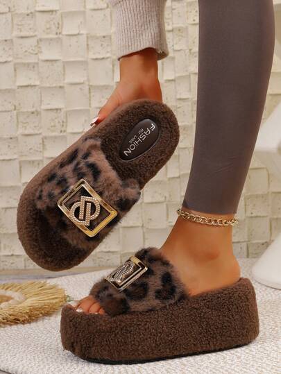 8厘米豹纹毛绒拖鞋，女士厚底厚底一脚蹬毛绒拖鞋，适合室内外穿着，秋冬